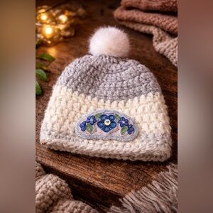 Hand-Knitted Wool Blend Toque w/ Luxe Pom Pom Intricate Beaded Floral Medallion